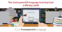 A cartoon person doing a language learning lesson on a tablet.
