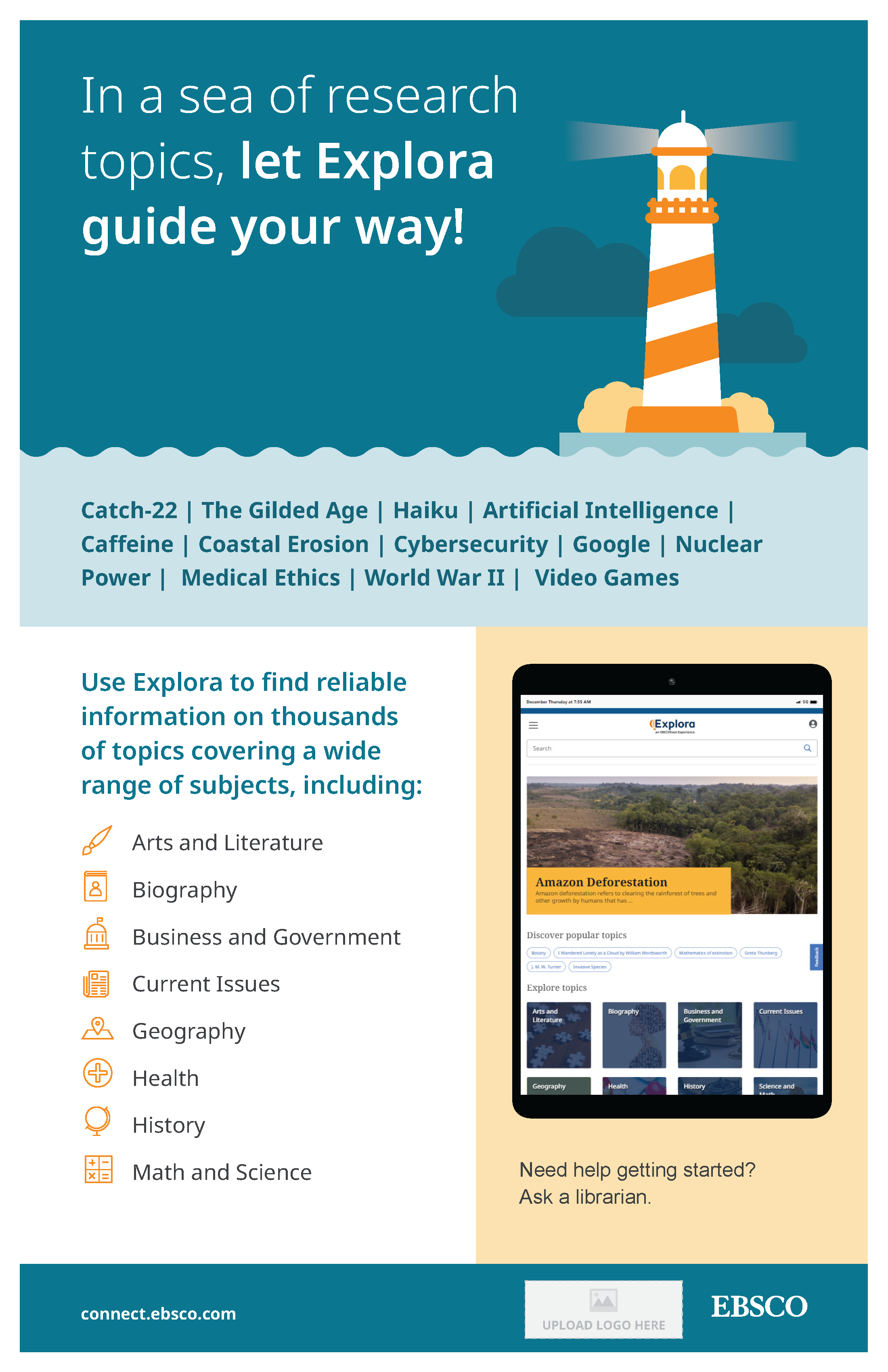 A poster with a cartoon lighthouse and information about Explora.