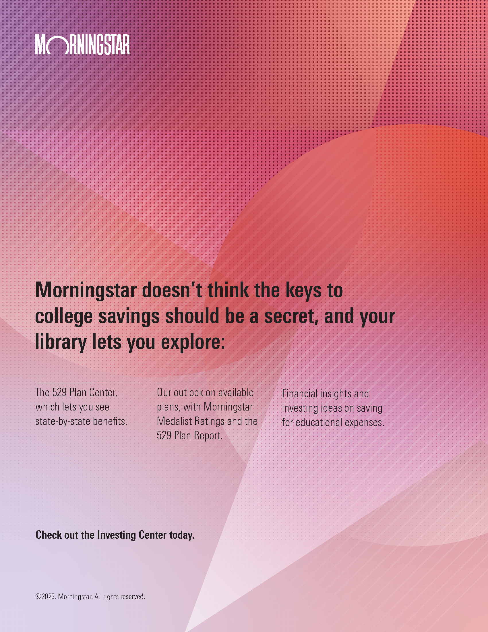A red and purple abstract background with text about Morningstar.