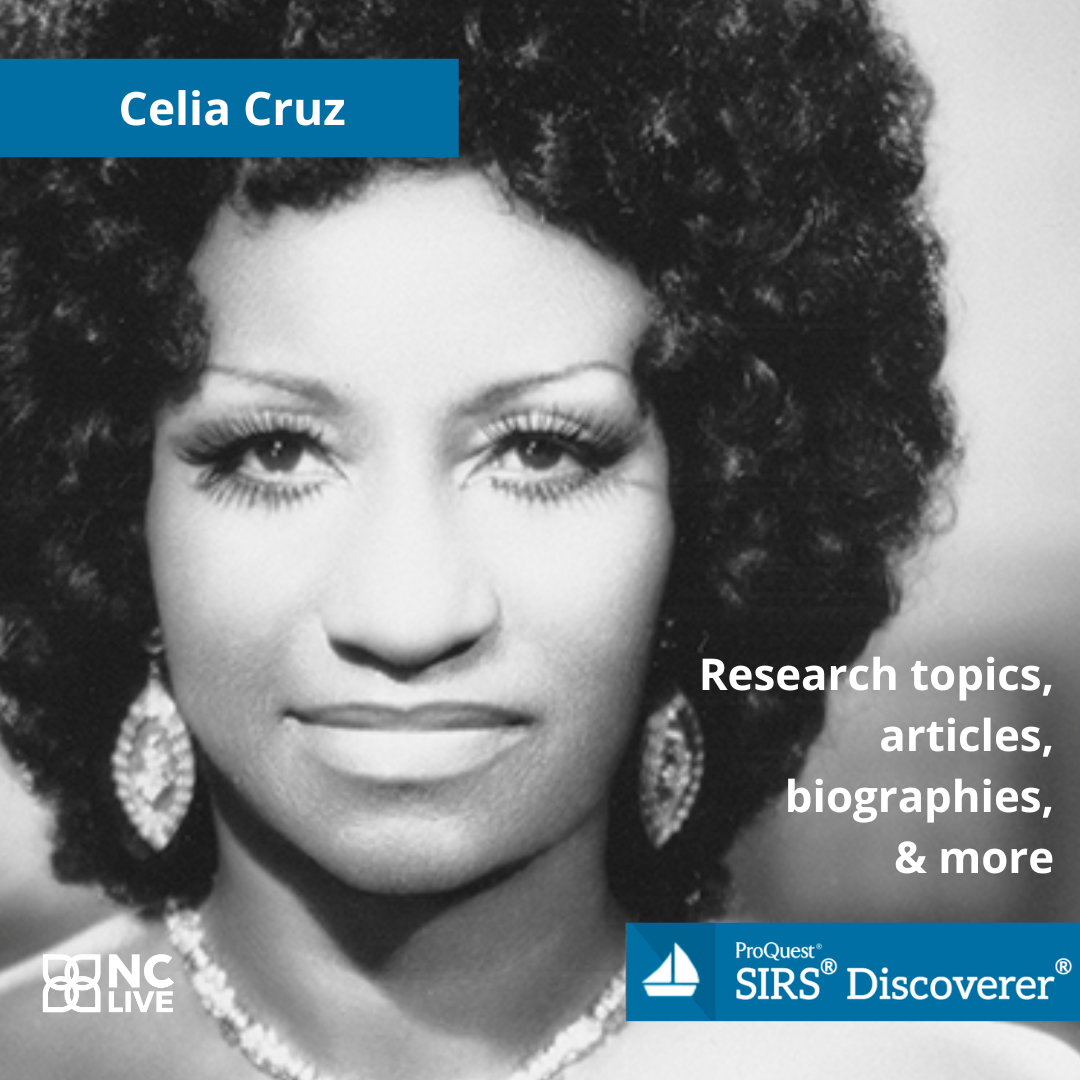 A black and white portrait of Salsa star Celia Cruz.