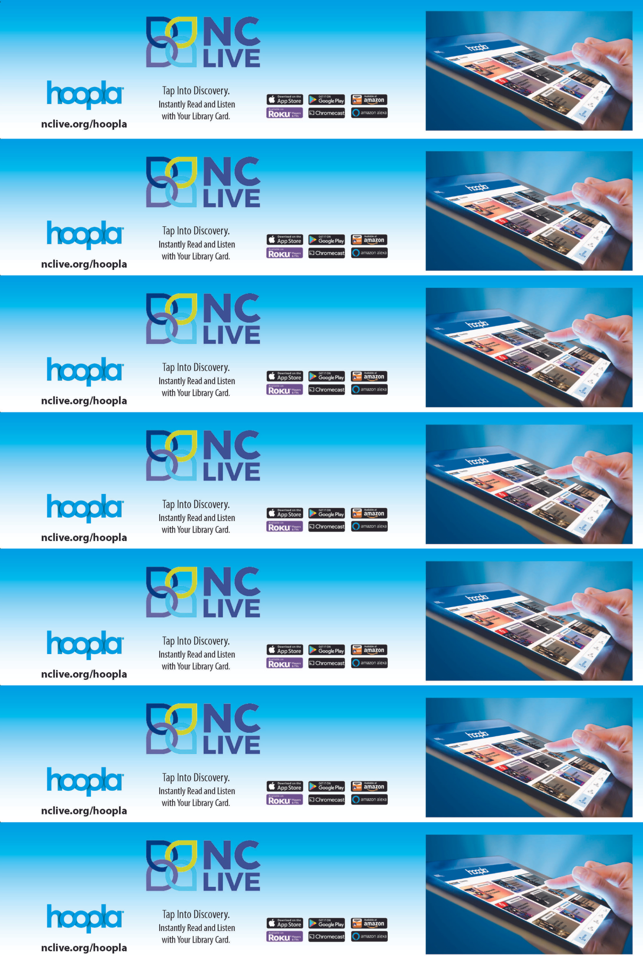 Seven blue bookmarks with the hoopla and NC LIVE logos.