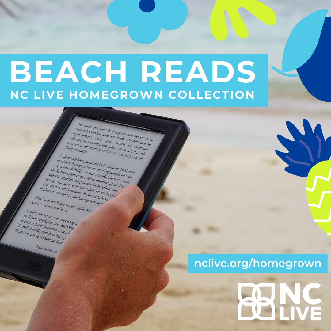 A hand holding an e-reader on a beach with text directing the reader to the HomeGrown collection.