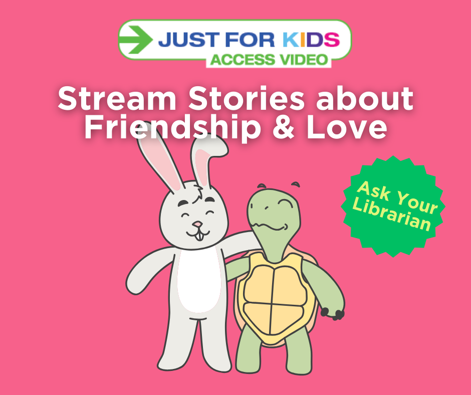 A rabbit and a turtle with their arms around each other advertising stories about love and friendship.