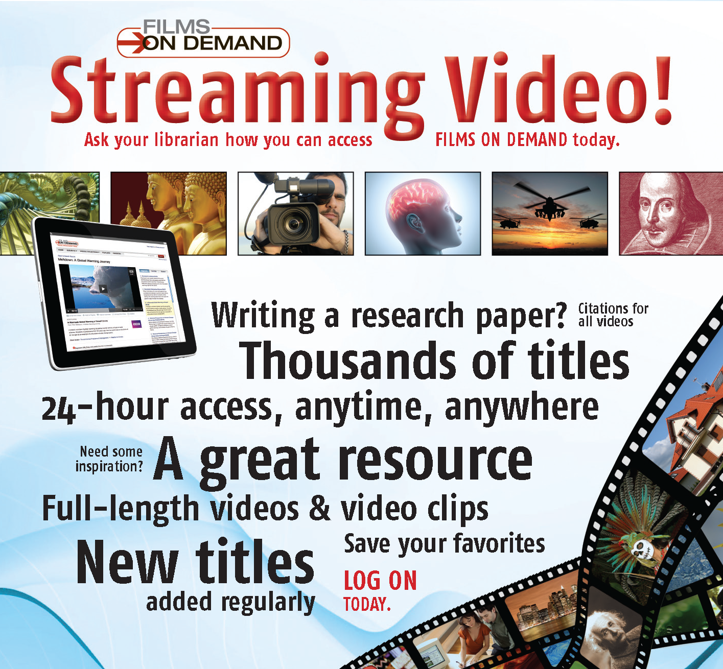 Assorted clips from Films on Demand video with information about the platform.