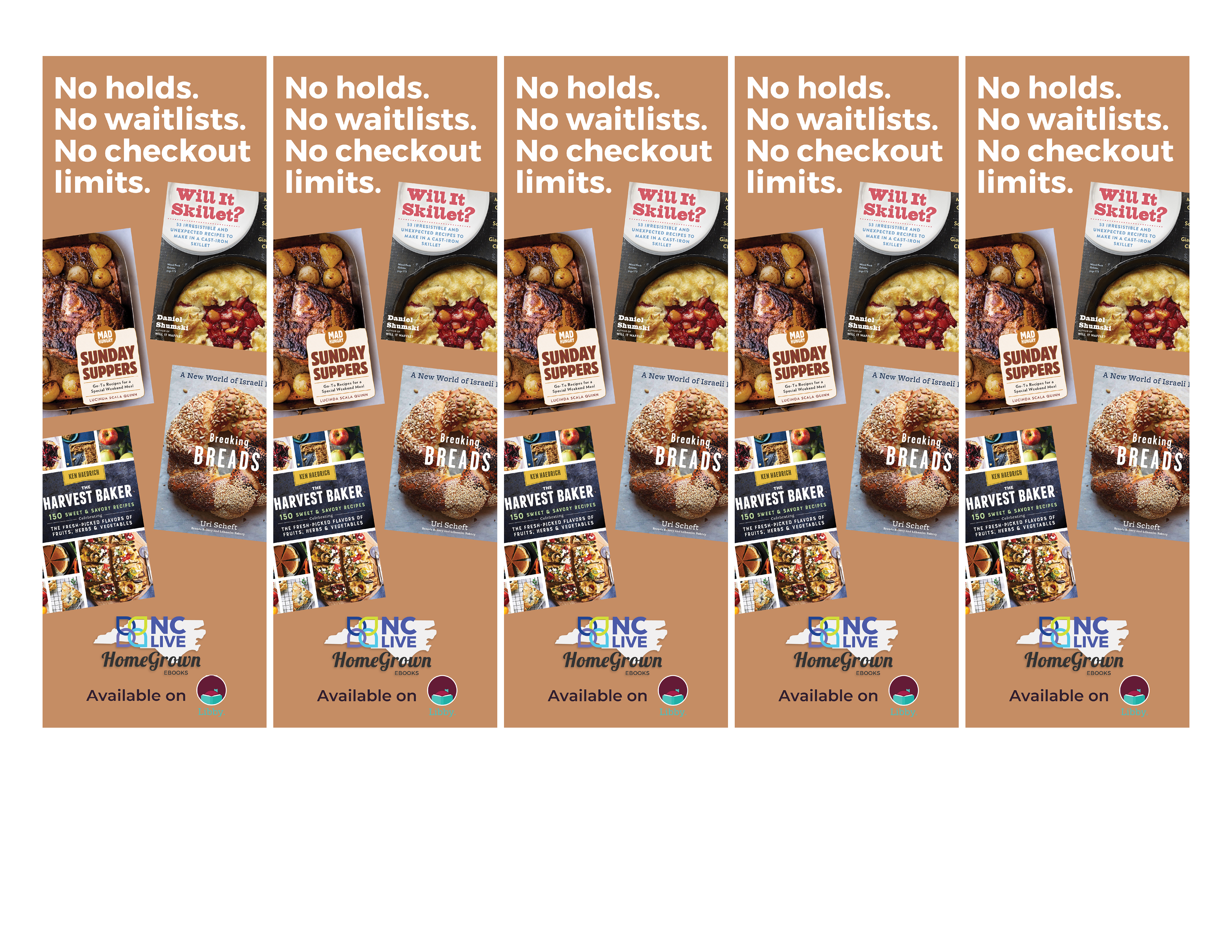 Five brown bookmarks with cookbook covers.