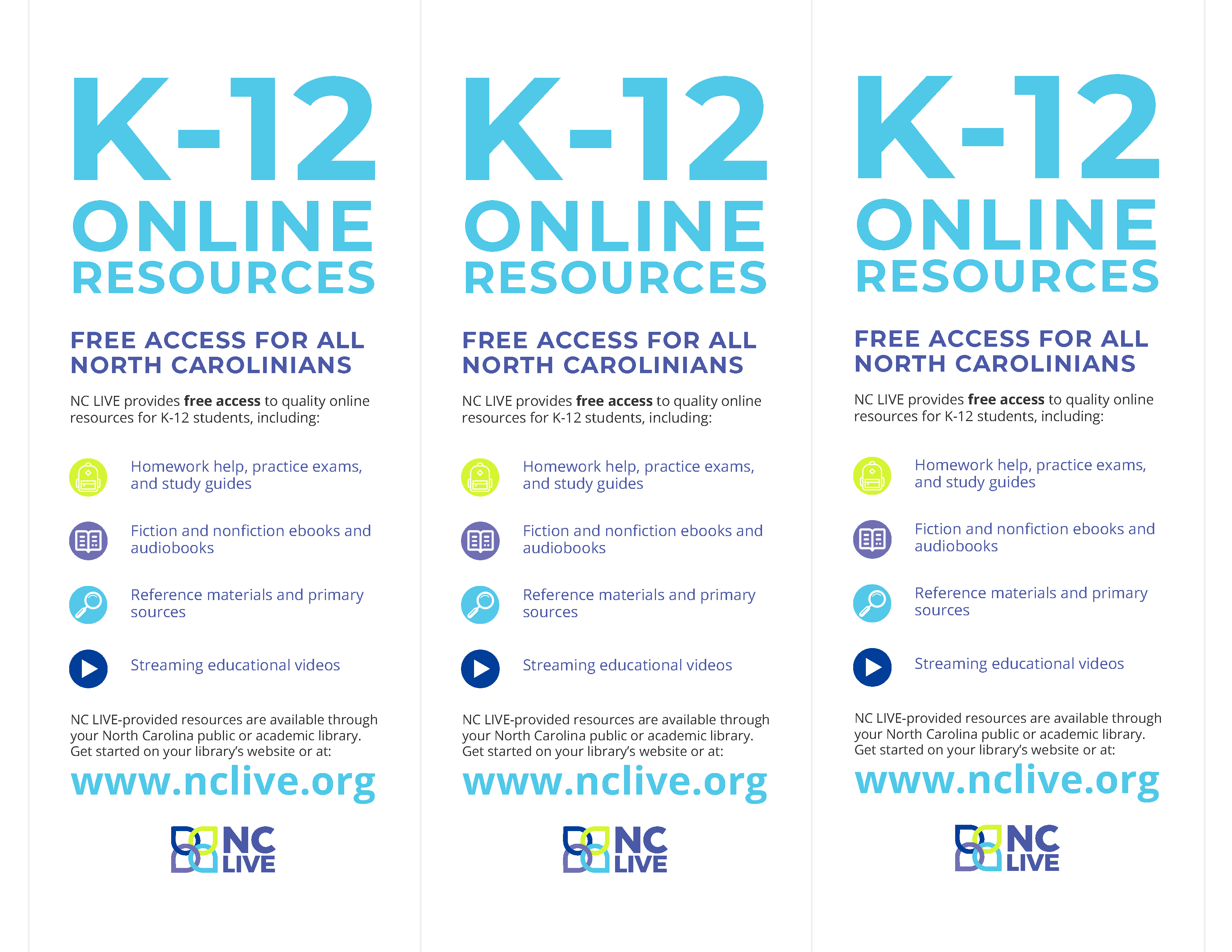 Three cards with K-12 Online Resources listed in blue, purple, and green.