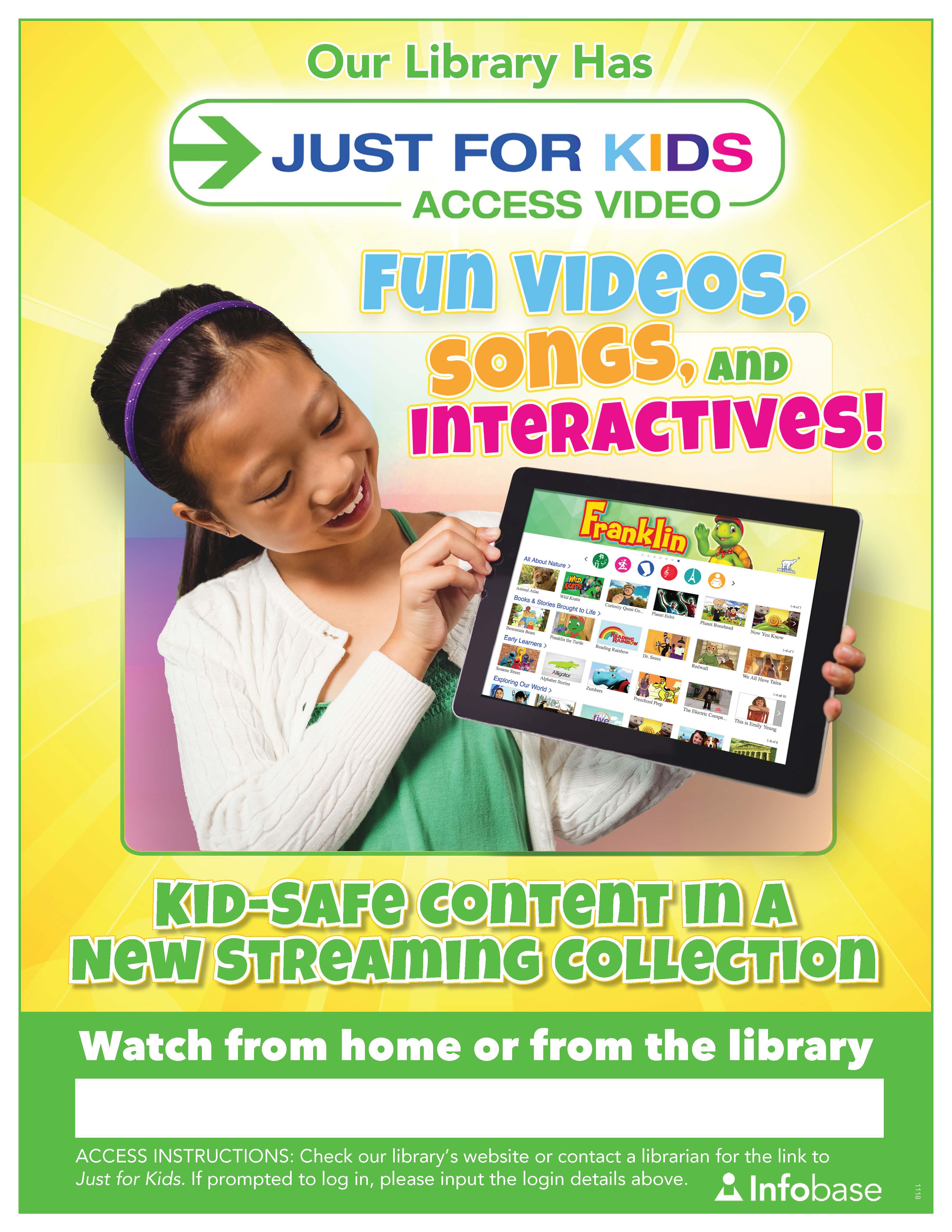 A girl holding a tablet showing streaming videos available on Just for Kids.