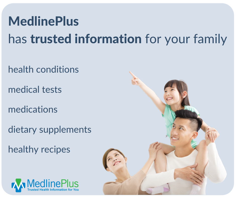 Young family smiling with daughter pointing to the sky and the MedlinePlus logo.