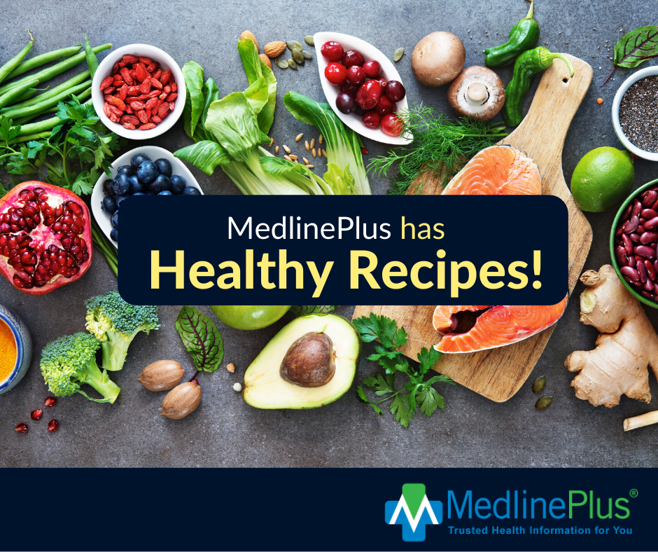 Fish, fresh produce, and the MedlinePlus logo.