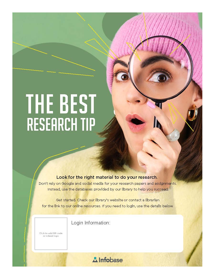 A person in a pink beanie holding up a magnifying glass next to text reading "The best research tip."