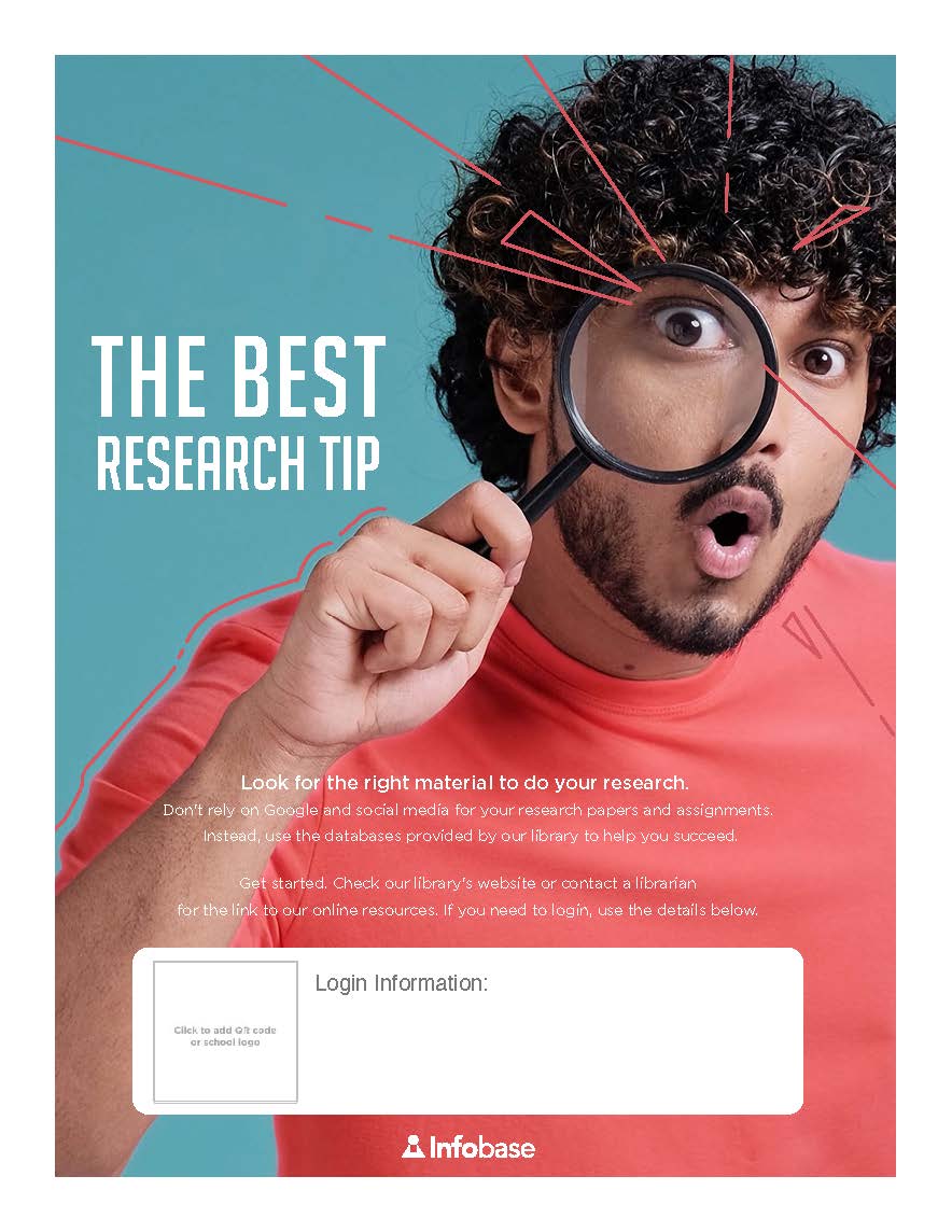 A person in a red shirt holding up a magnifying glass next to the text, "The best research tip."