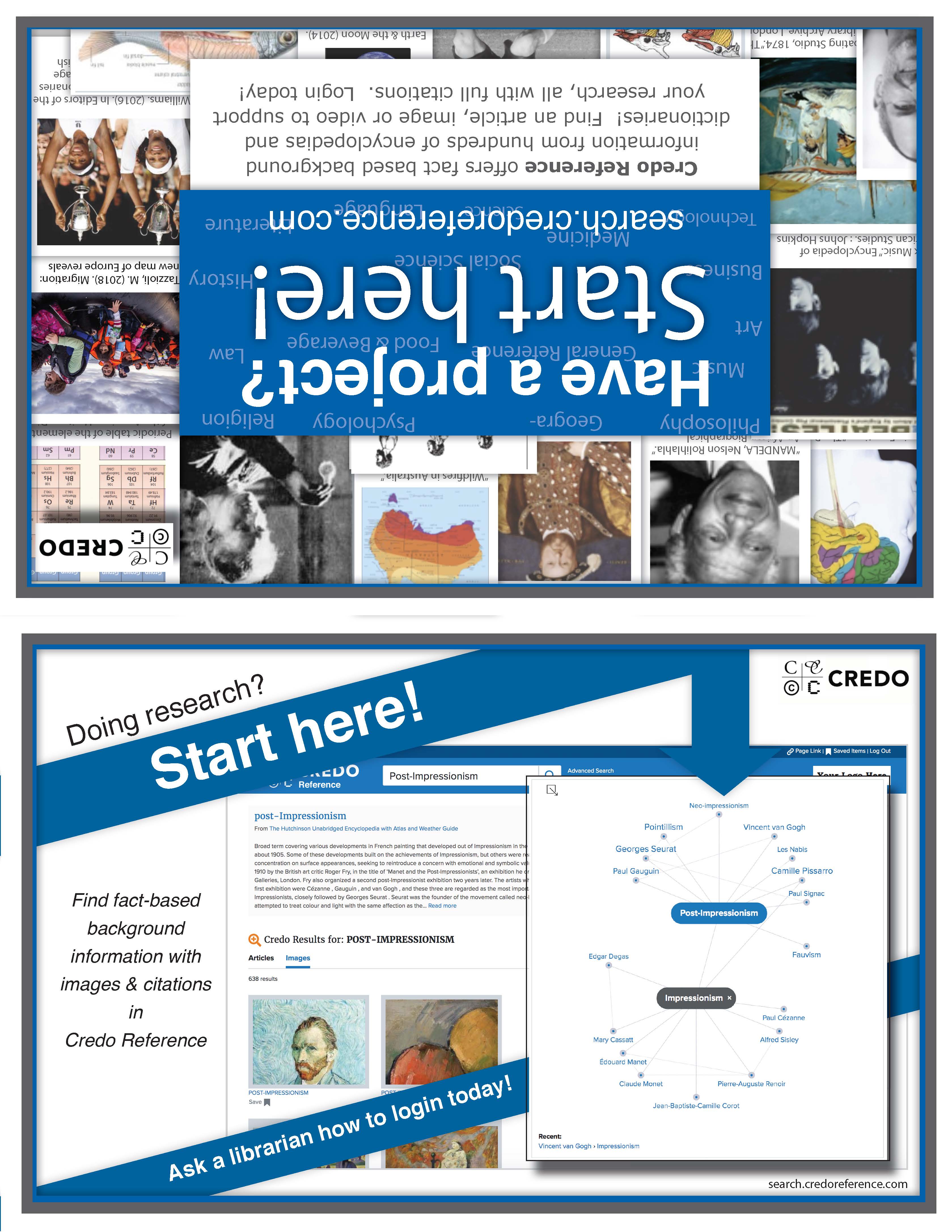 Two sides with images of Credo Reference materials and blue graphics directing users to log on.