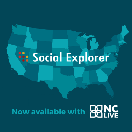 A blue-green map of the U.S. with the Social Explorer and NC LIVE logos.