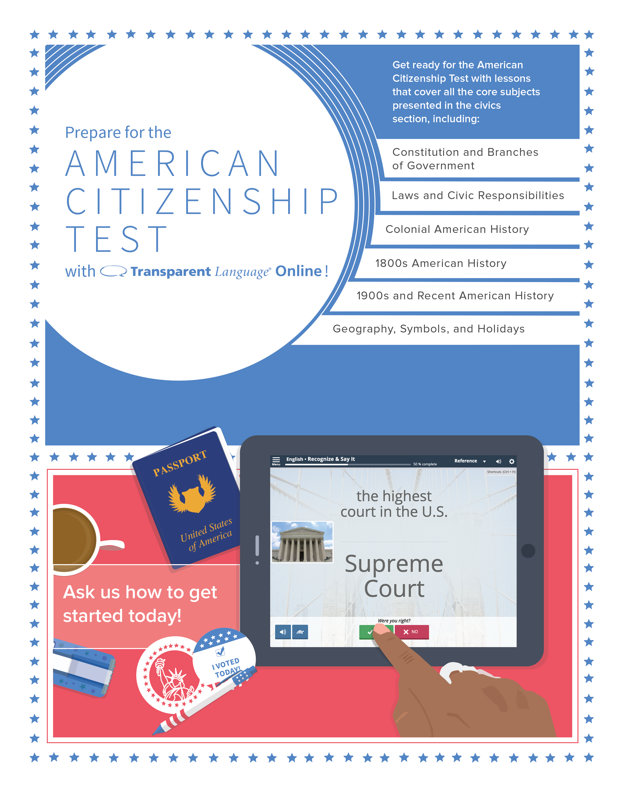 A blue and red flyer advertising test prep for the American Citizenship Course on Transparent Language.