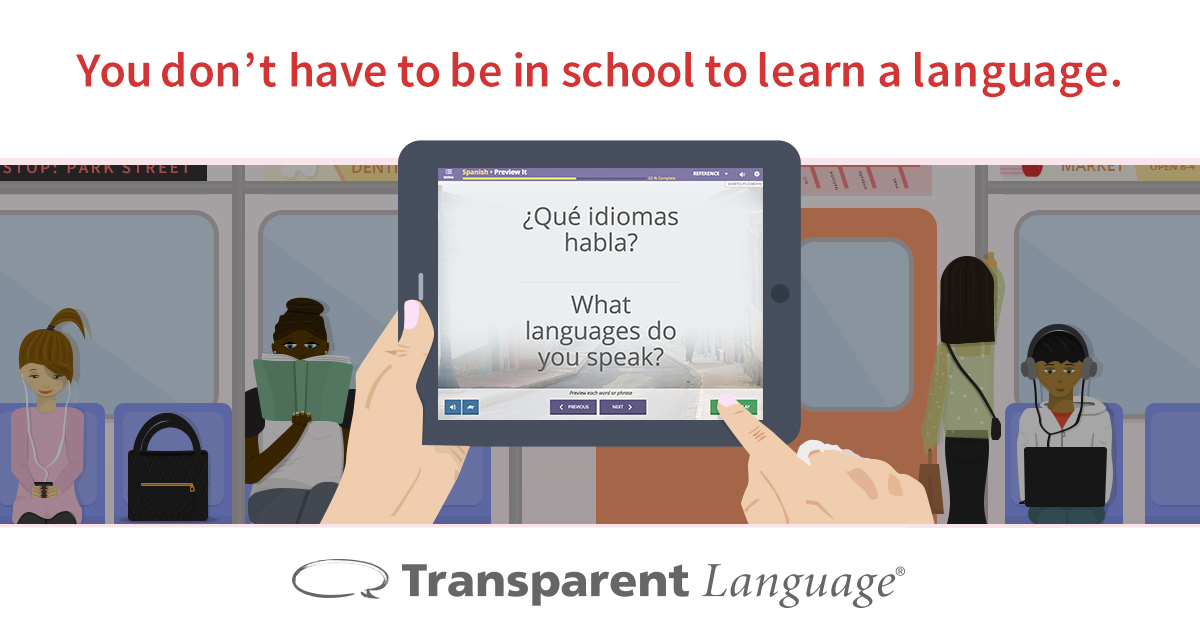 A screen with a language lesson in front of a subway car of people reading.