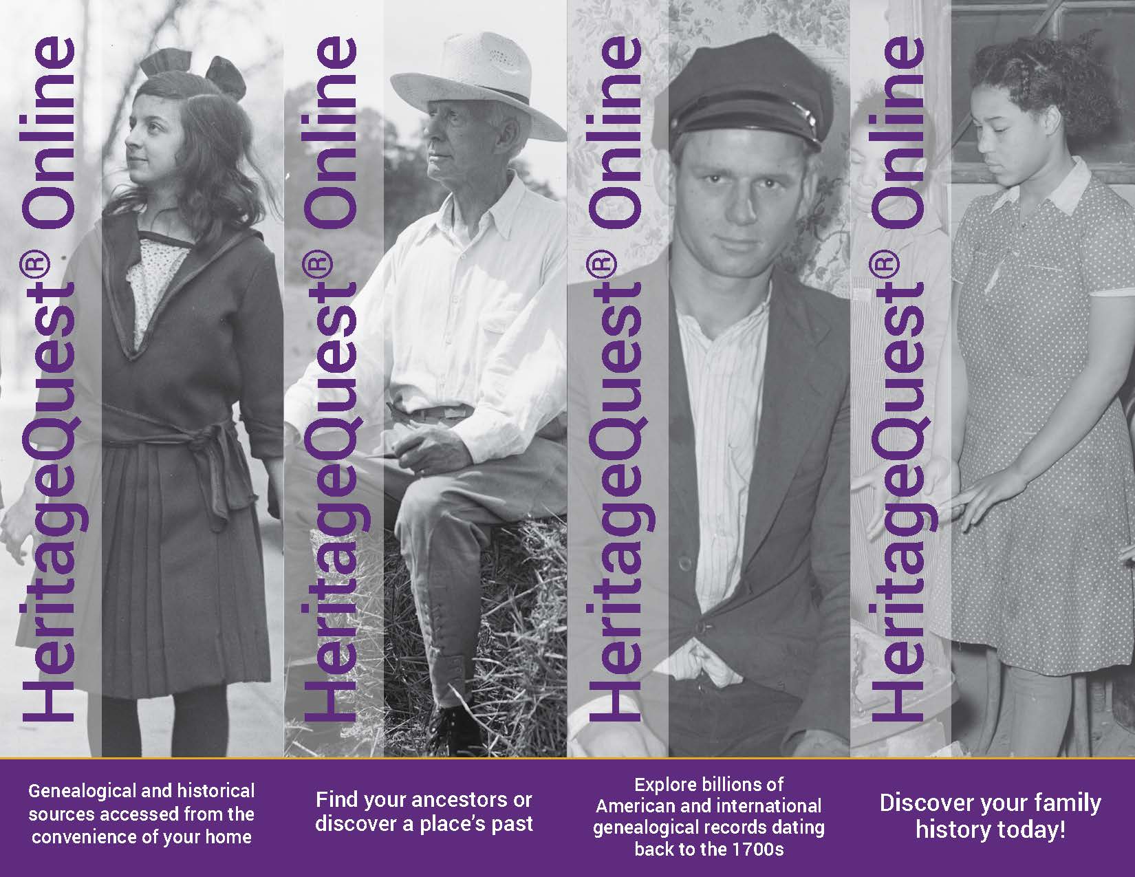 Four black-and-white photos of people with the HeritageQuest banner beside them.