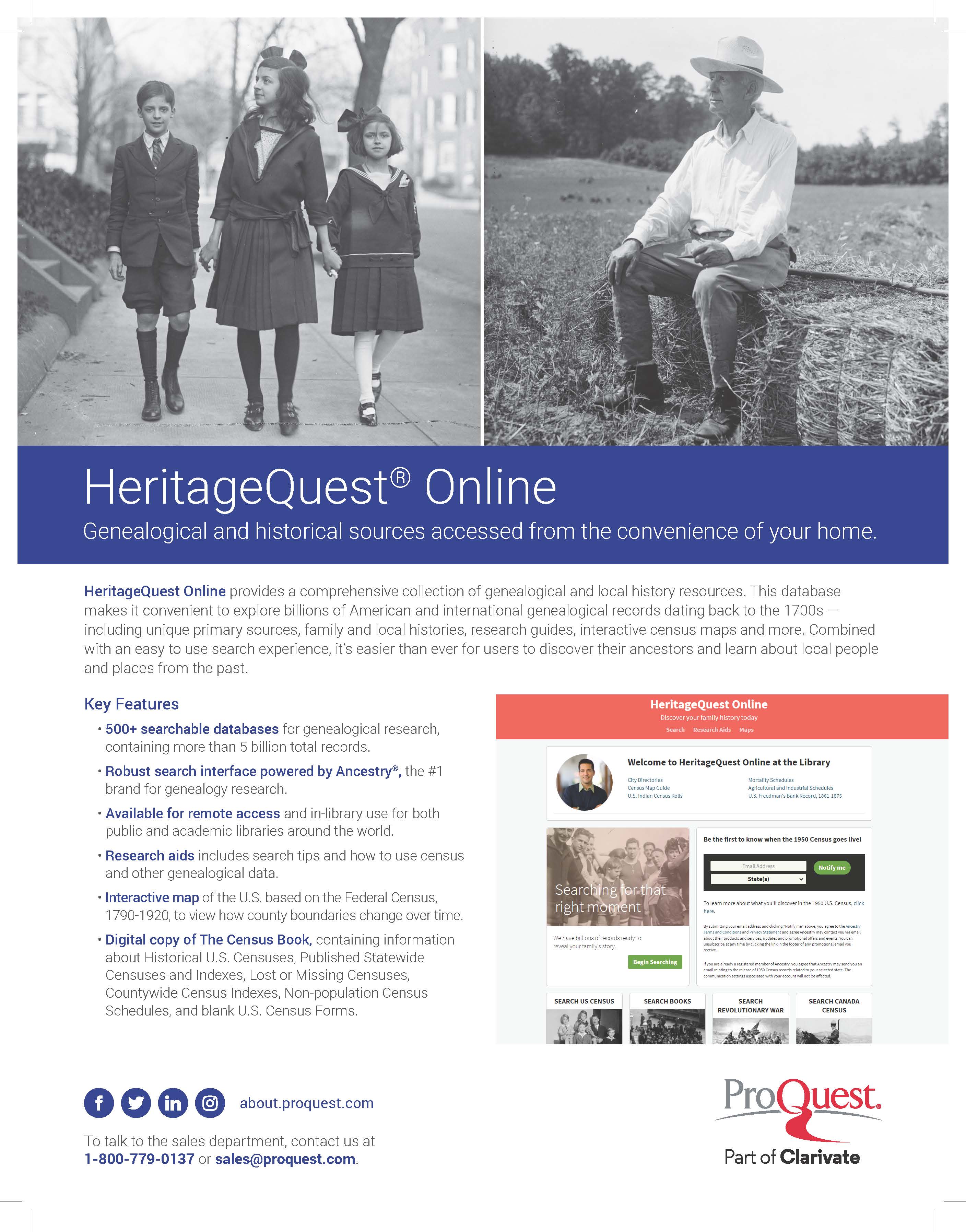 Two black-and-white photos of people from decades past above instructions for using HeritageQuest.