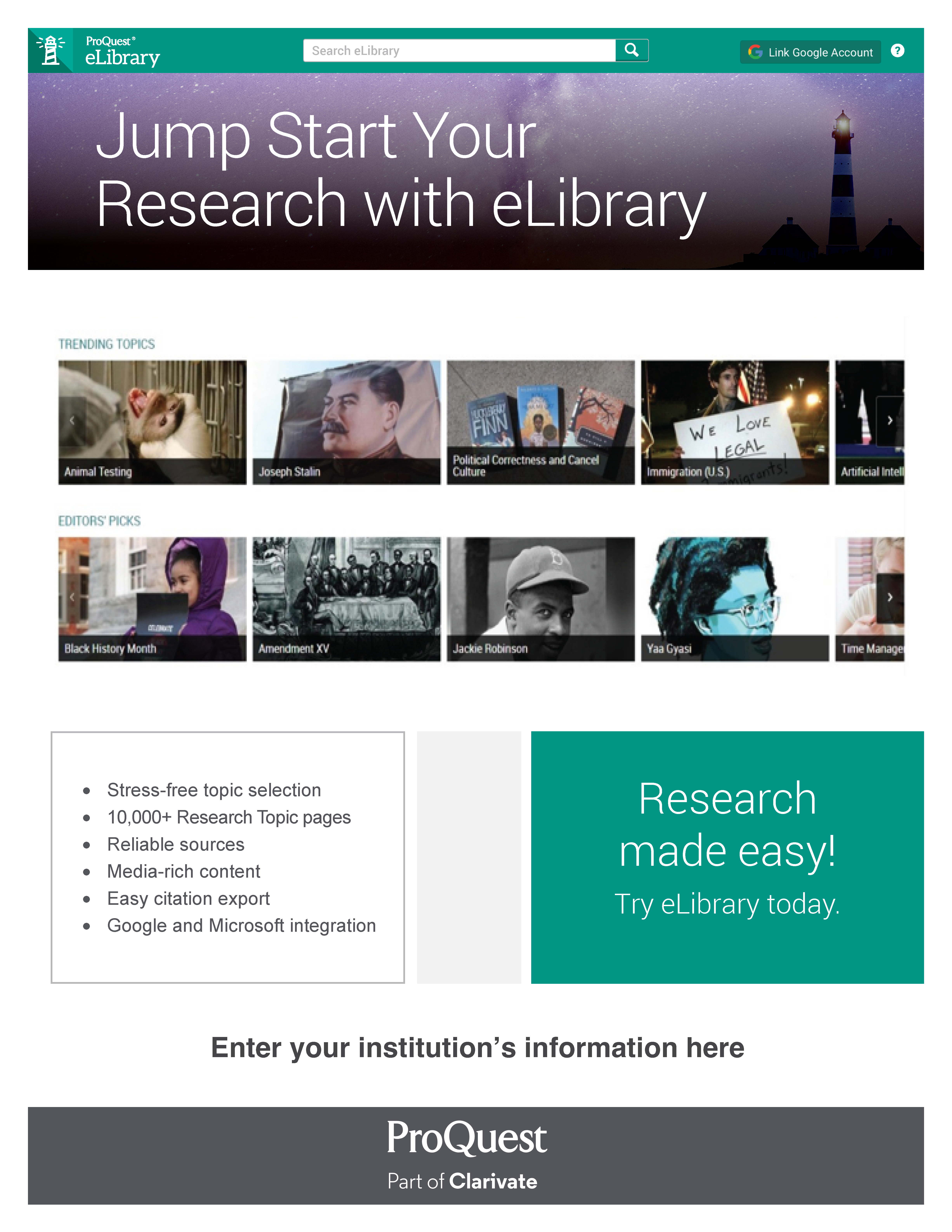 A purple, green, and white poster with the headline "Jumpstart your research with elibrary."