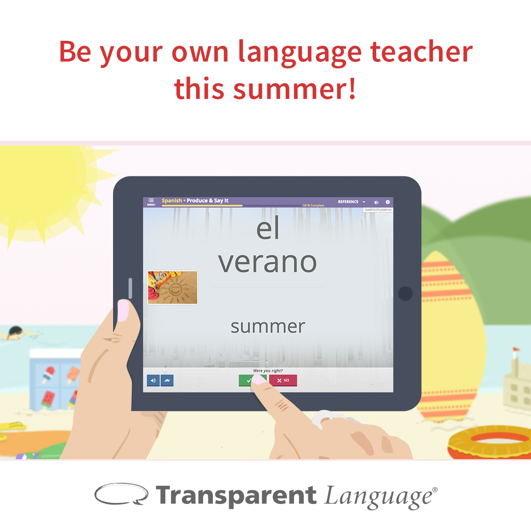 A screen showing a translation between "el verano" and "summer" against the background of a beach.