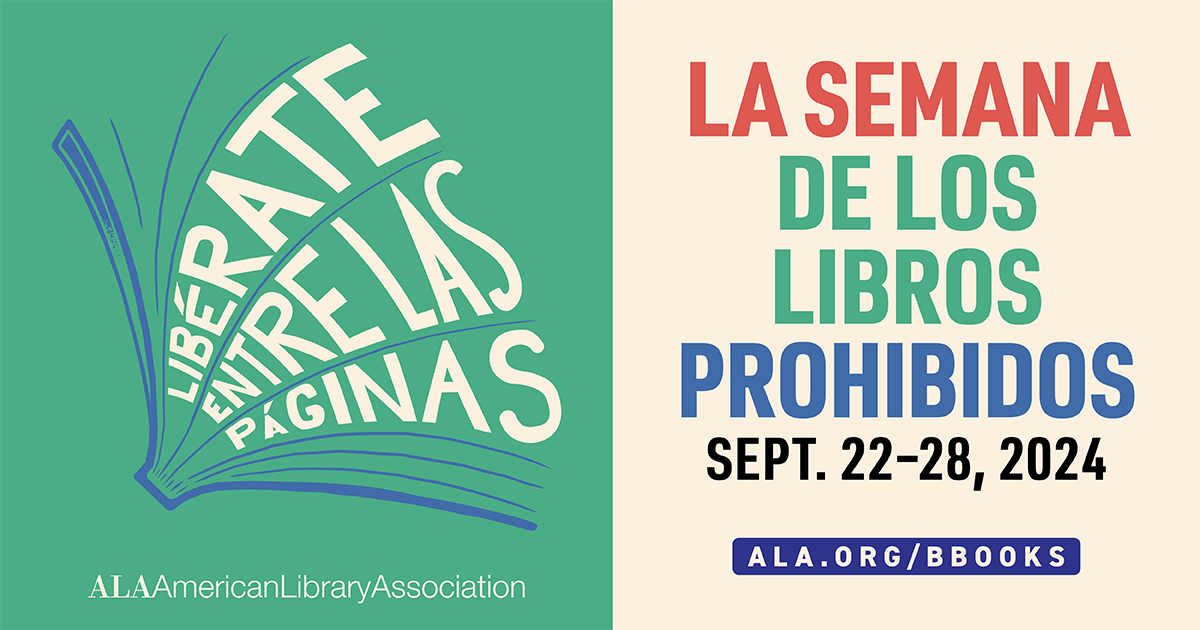 A green and tan graphic about Banned Books Week 2024 with text in Spanish.