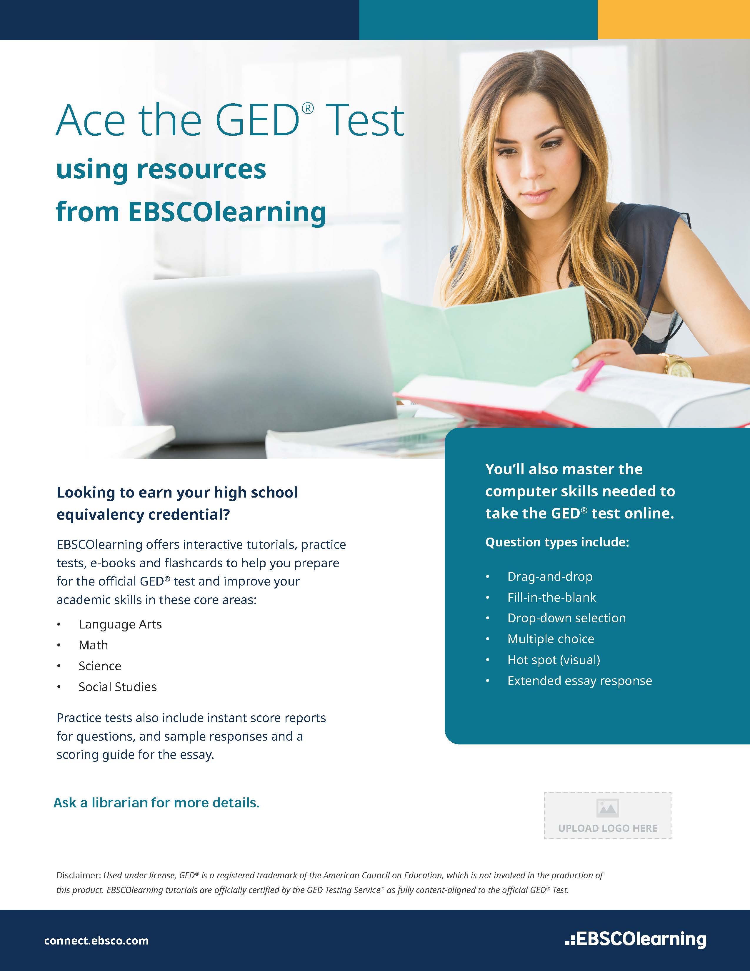 A person with long, blond hair studying at a computer with the text, "Ace the GED Test."