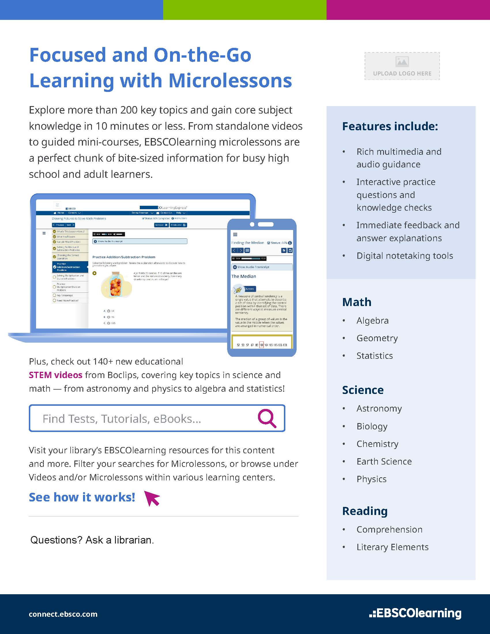 A computer and phone together showing the microlessons available in LearningExpress.