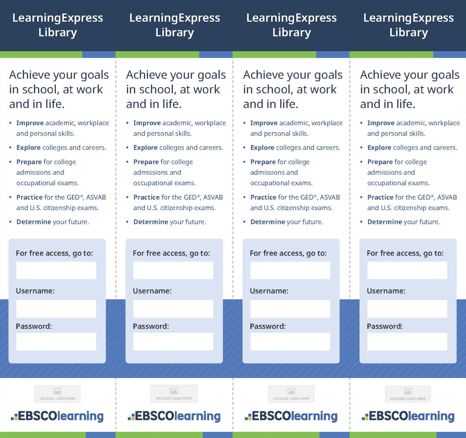 Four white, blue, and green bookmarks with login information for LearningExpress.