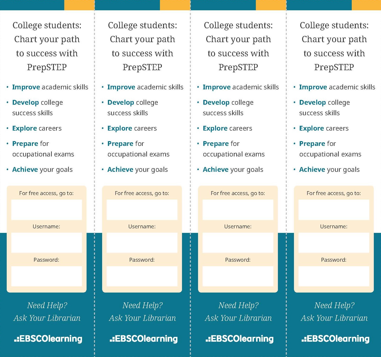 Four white, teal, and yellow bookmarks with login information for PrepSTEP.