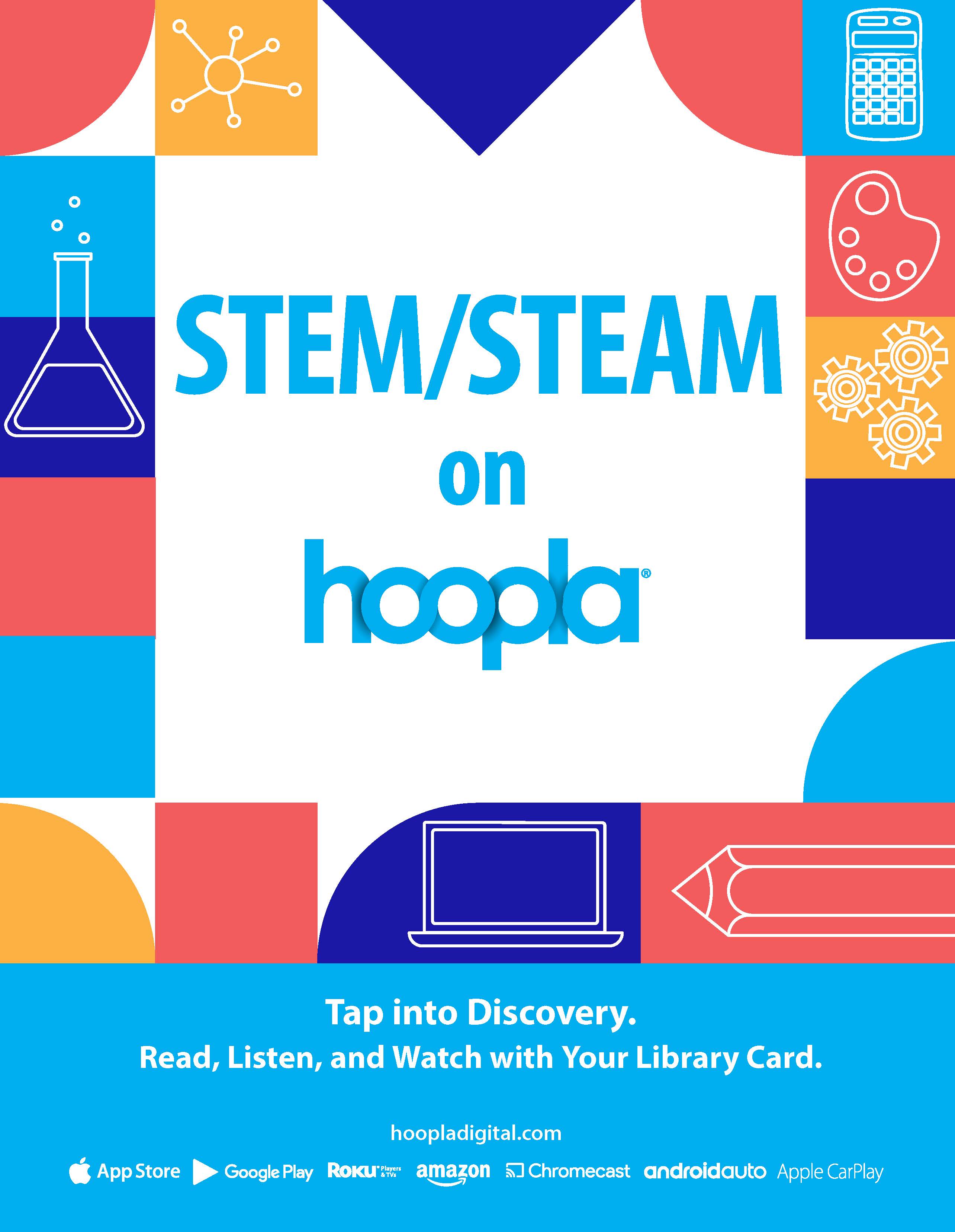 Pink, blue, and yellow blocks around "STEM/STEAM on hoopla."