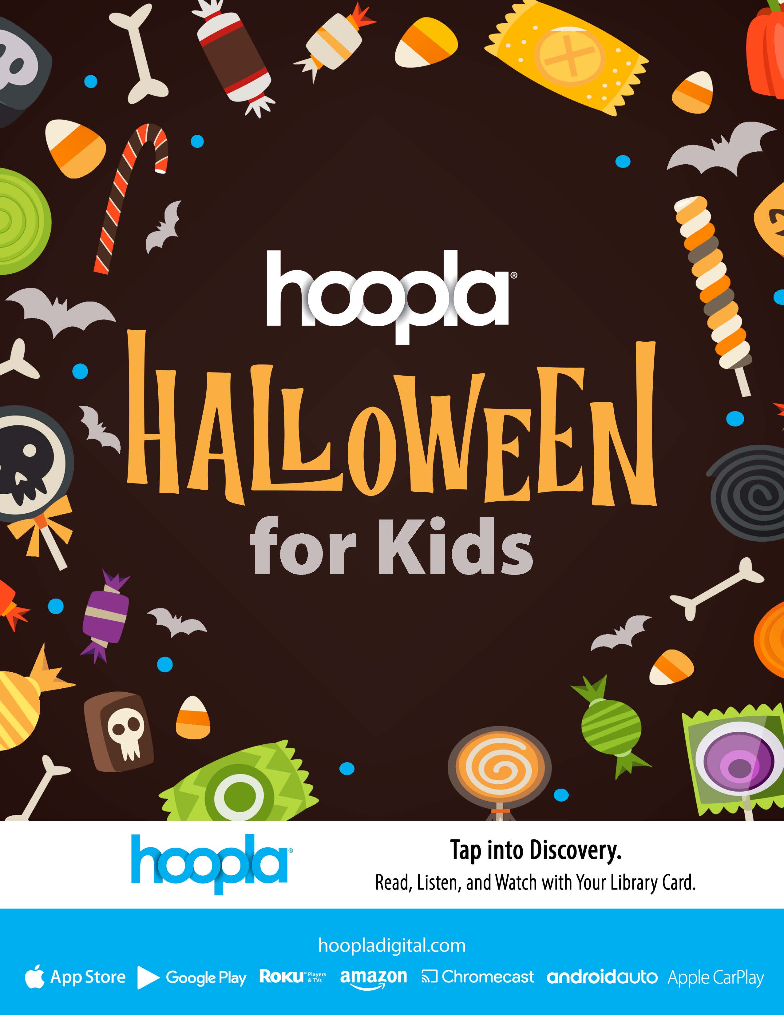 "hoopla Halloween for Kids" surrounded by cartoon candies.