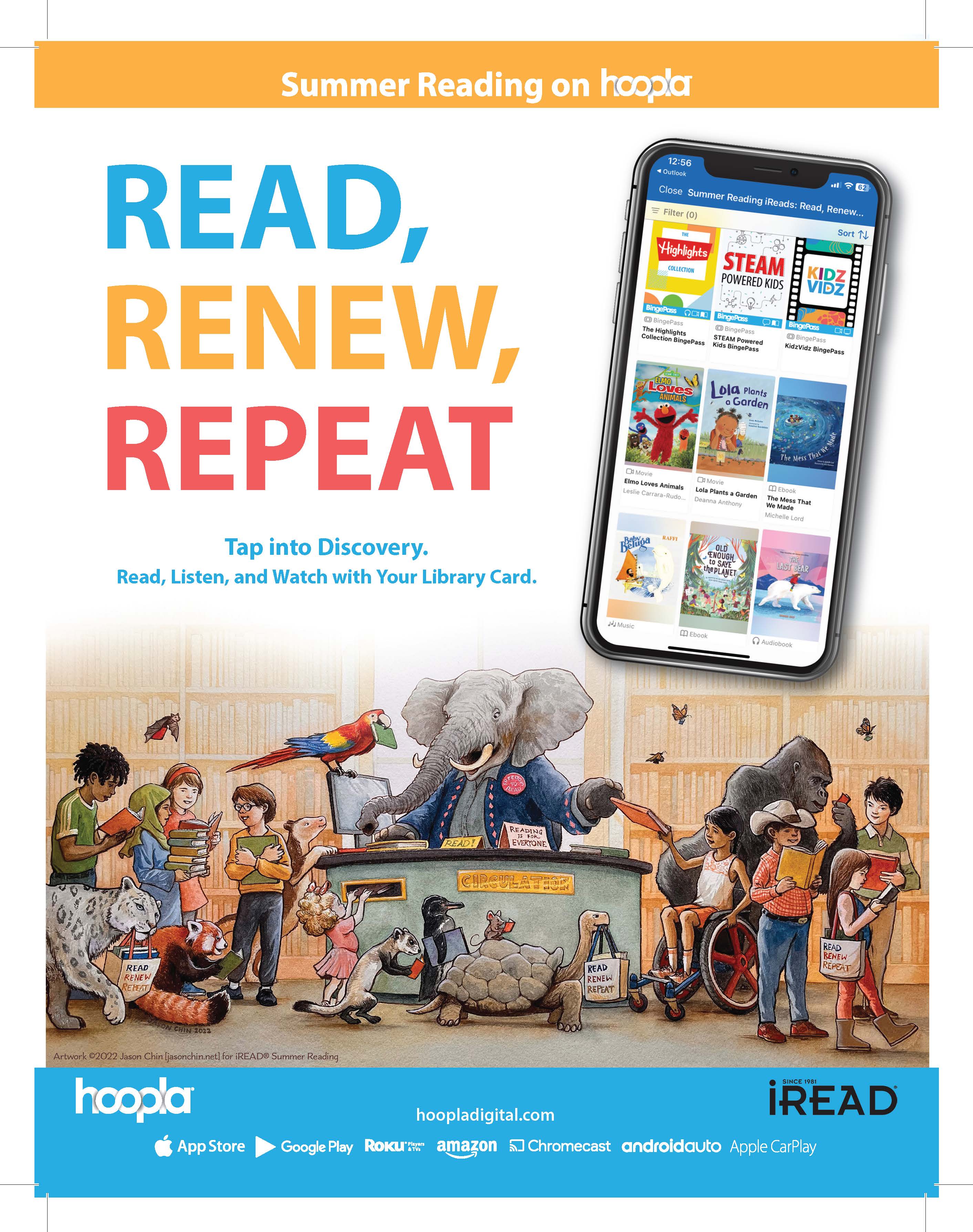 A phone above a cartoon scene of book characters with text reading, "Read, renew, repeat."