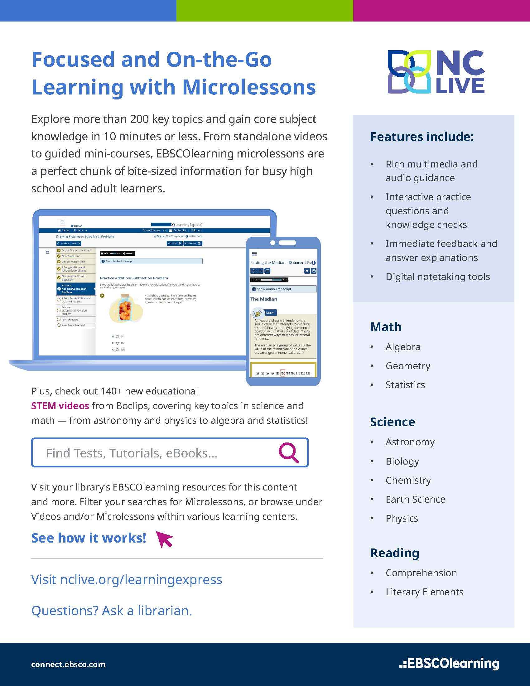 A computer and phone together showing the microlessons available in LearningExpress.