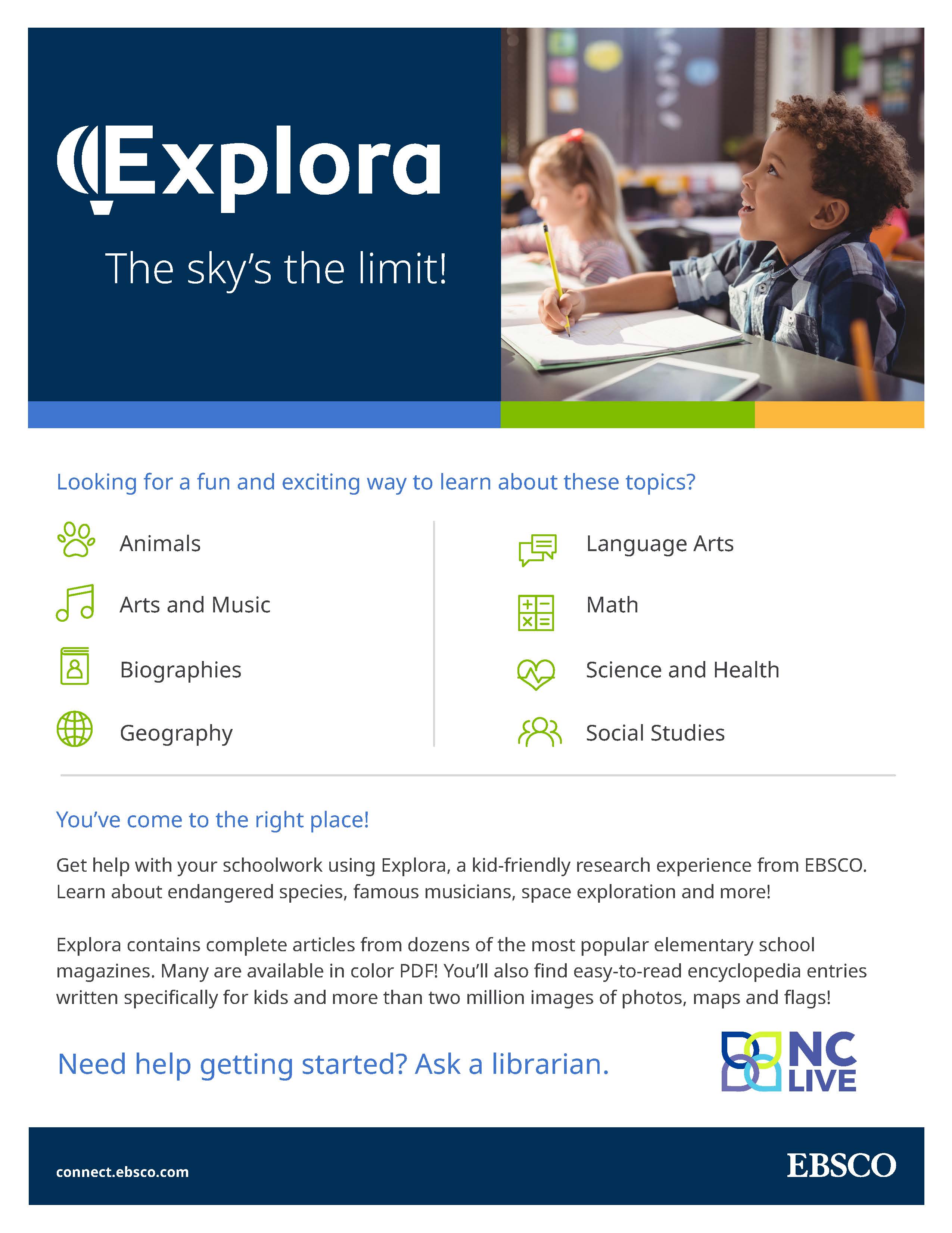 Information about Explora with a photo of two children in a classroom in the top right corner.