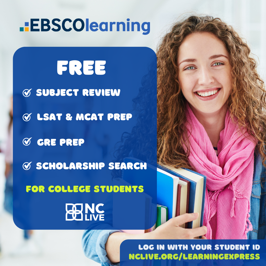 A student with curly hair and a pink scarf smiling and holding books under her arm. On her left is a blue box with test prep available in LearningExpress.