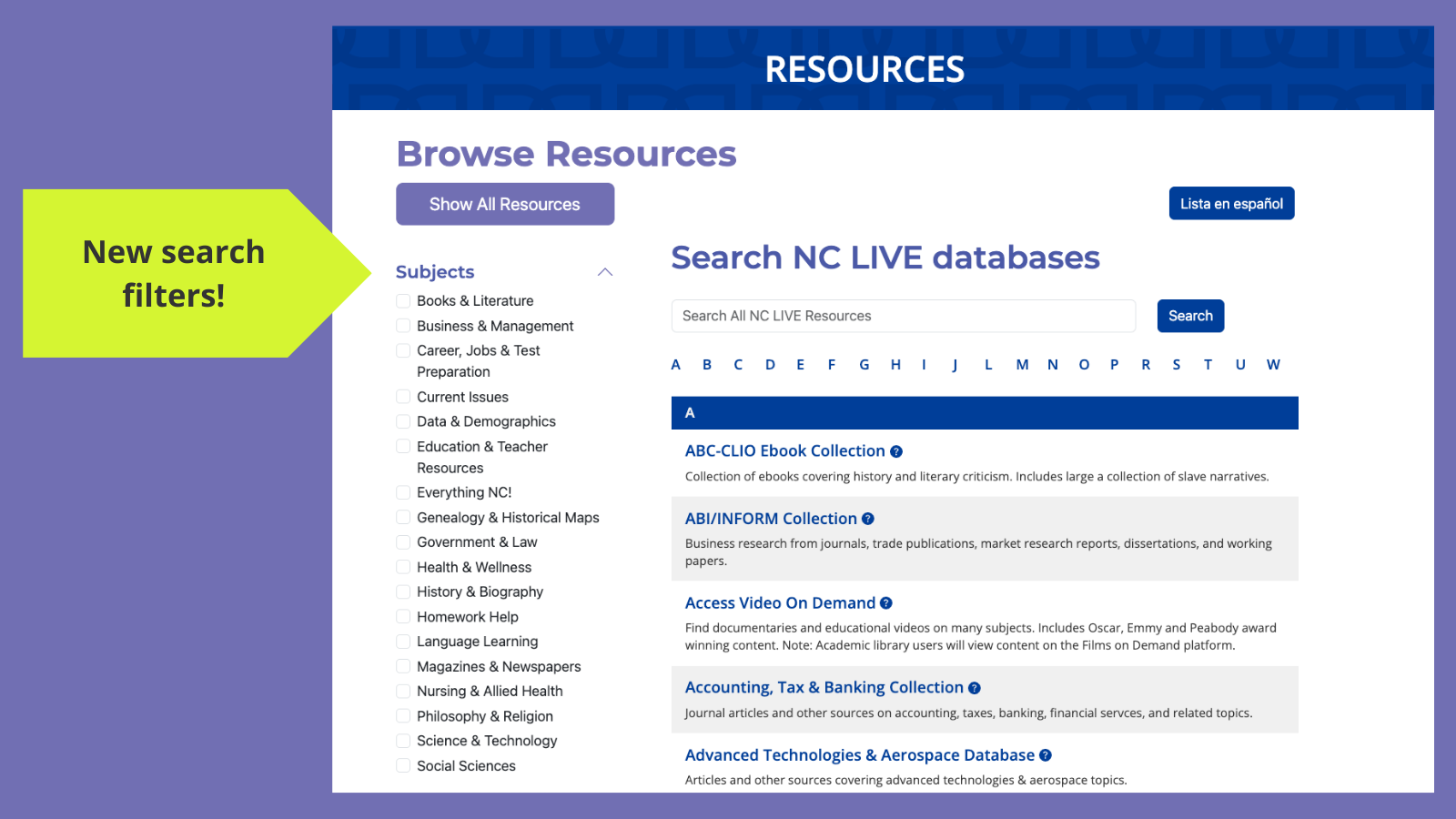 A preview of the A-Z databases page with a green arrow pointing to new search filters.