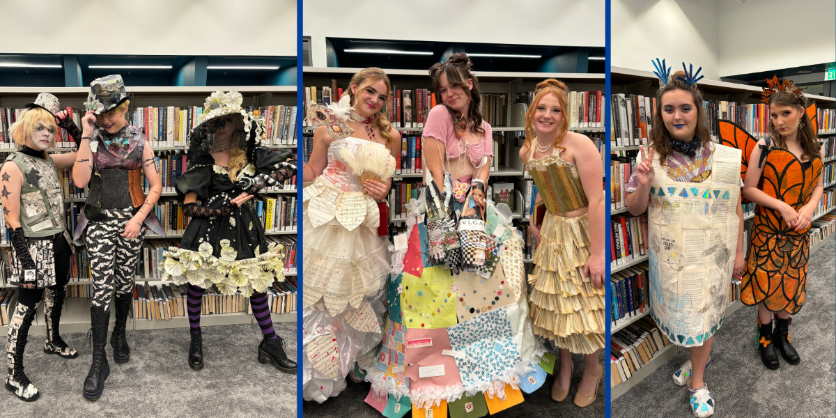 Three photos of teens posing in costumes made out of recycled library materials.