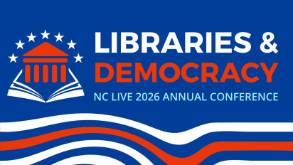A blue background with white and red text reading, "Libraries & Democracy."