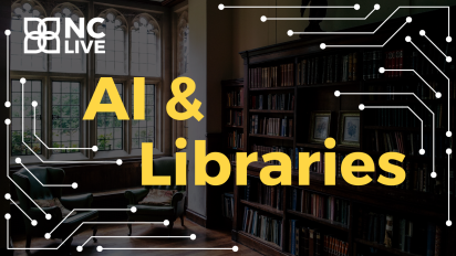 "AI in Libraries" in yellow text in front of a photo of an academic library reading room.