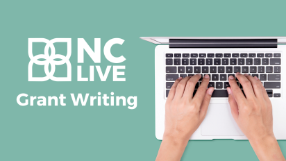 Hands typing on a laptop keyboard next to text that says, "Grant writing."