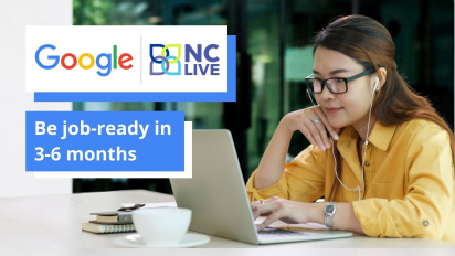A person working on a computer next to text reading, "Be job ready in 3-6 months."