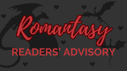"Romantasy" in red text against a black background with dragons and hearts.