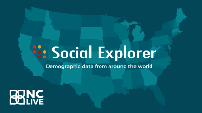 A dark teal background with a large map of the United States, which is color-coded by state. On top of the map is the Social Explorer logo and the text, "Demographic data from around the world."