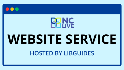 A blue cartoon internet window with the text "Website service hosted by LibGuides."