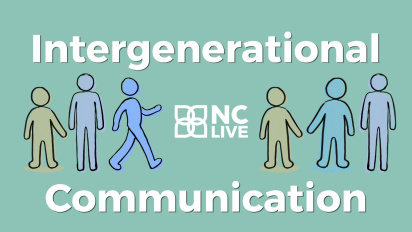 Cartoon people in groups between the text, "Intergenerational communication."