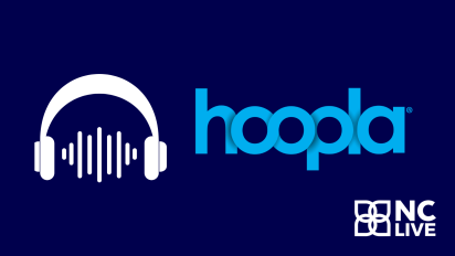 The hoopla logo next to a white set of headphones.