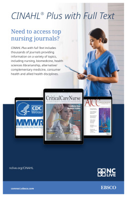 A nurse looking at a clipboard and three tablets with images of health-related magazines.