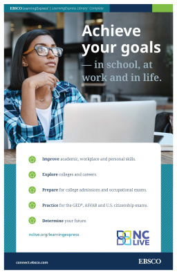 A young person with glasses working at a computer with the text, "Achieve your goals."