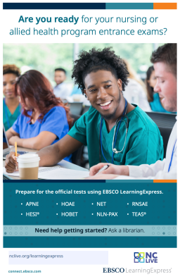 A few healthcare workers sitting together and smiling. The information is about LearningExpress tools for healthcare exams.