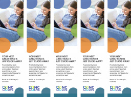 A teenager reading above information about NoveList Plus for teens.