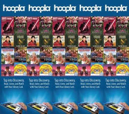 Blue bookmarks with covers of books available on hoopla.